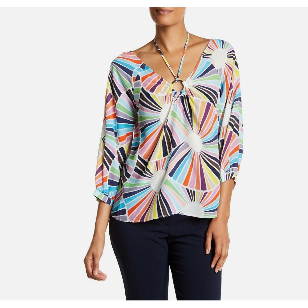 Trina Turk Amorita Women Sz XS Multicolor Silk Halter Tie Silk Blouse 3/4 Sleeve